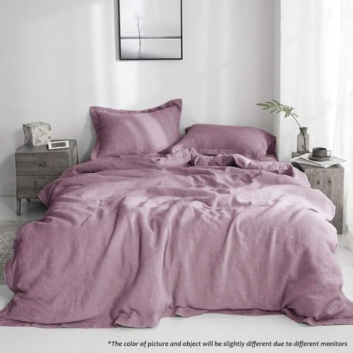 Simple&Opulence 100% Linen Duvet Cover Set with Embroidery Border Washed - 3 Pieces (1 Duvet Cover with 2 Pillow Shams) with Button Closure Soft Breathable Farmhouse - Purple, Queen Size