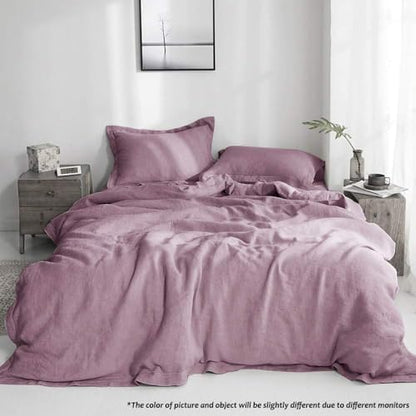 Simple&Opulence 100% Linen Duvet Cover Set with Embroidery Border Washed - 3 Pieces (1 Duvet Cover with 2 Pillow Shams) with Button Closure Soft Breathable Farmhouse - Purple, Queen Size