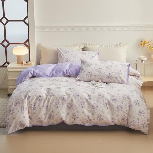 LifeTB Purple Flower Duvet Cover Full 100% Cotton Girls Floral Comforter Cover Vintage Style Botanical Flower Boho Floral Cottagecore Comforter Cover with 2 Pillowcases