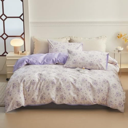 LifeTB Purple Flower Duvet Cover Full 100% Cotton Girls Floral Comforter Cover Vintage Style Botanical Flower Boho Floral Cottagecore Comforter Cover with 2 Pillowcases