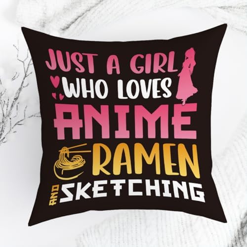 Anime Decor, Just a Girl Who Loves Anime Ramen Anime Room Decorative Throw Pillow Covers, Girls Anime Gifts Anime Lovers for Home Living Room Girl Women Bedroom Decoration Gifts Black