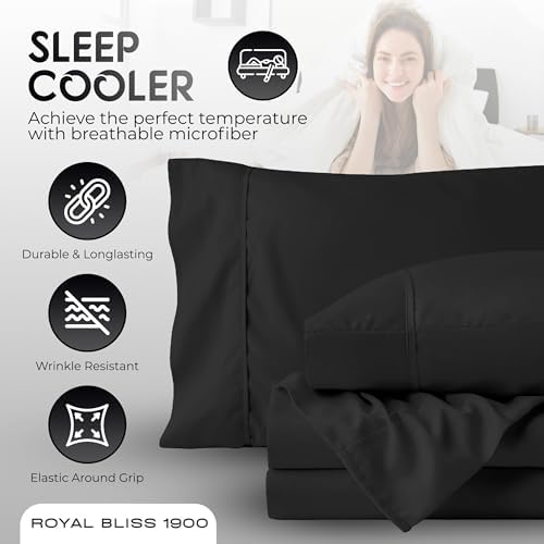 Top Split Flex Head California King Size Sheet Set - Egyptian Quality Ultra-Soft Bed Sheets - Double Brushed - Deep Pockets- Easy Fit - 4 Piece Set- Fade Resistant (Black)