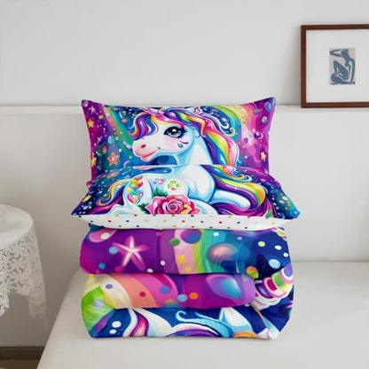 Watercolor Unicorn Kids Comforter Sets Cartoon Rainbow Unicorn Bedding Set,Soft Breathable Reversible Cartoon Cute All Season Comforter Set with 1 Pillowcase for Girls Girly Bedroom Decor Twin Size