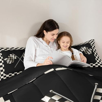 Castle Fairy Checkered Flag Comforter Set Black and White Bedding Set for Kids Girls Women Adults Racing Theme Comforter Geometric Grid Quilted Duvet Set Bedroom Collection Twin Size 2Pcs