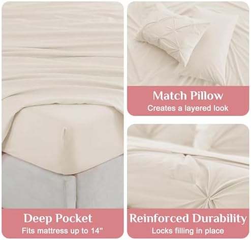JOLLYVOGUE Queen Comforter Set 7 Pieces - Bed in a Bag Queen for All Season, Pintuck Bedding Comforter Sets with Comforter, Flat Sheet, Fitted Sheet and Pillowcases & Shams, Beige