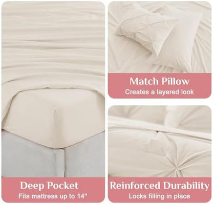 JOLLYVOGUE Queen Comforter Set 7 Pieces - Bed in a Bag Queen for All Season, Pintuck Bedding Comforter Sets with Comforter, Flat Sheet, Fitted Sheet and Pillowcases & Shams, Beige