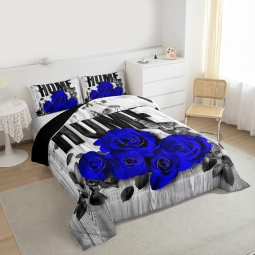 Castle Fairy Blue Rose Twin Size Comforter Set,Valentine's Day Romantic Duvet Set Soft Bed Collection,Retro Farmhouse Board Bedding Comforter for Boys Girls Bedroom,2 Pcs