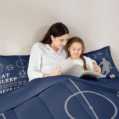 Castle Fairy Soccer Twin Size Comforter Set,Football Field Quilt Set Soft Bed Collection,Ball Games Sport Navy Blue Bedding Comforter for Boys Girls Room Decor,2 Pcs