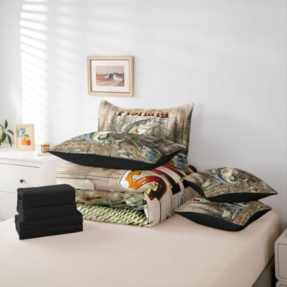 Erosebridal Pike Fish Queen Comforter Set with Sheets 7 Piece Hunting and Fishing Bed in A Bag Vintage Rustic Animal Bedding Sets for Kids Adults Country Wildlife Bed Set