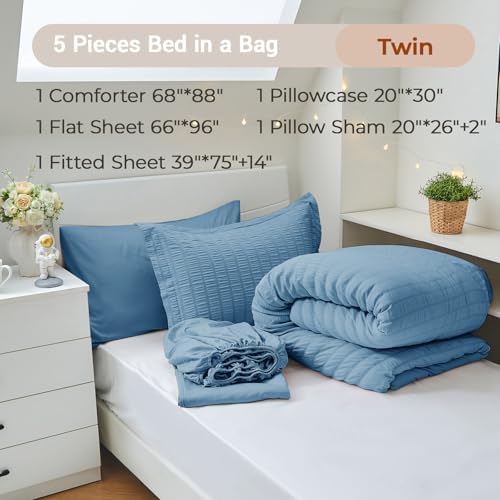 MUXHOMO 5 Pieces Twin Comforter Set, Seersucker Bed in a Bag Twin Size, All Season Luxury Bedding Set with Comforter, Flat Sheet, Fitted Sheet, Pillowcase & Sham, Mineral Blue