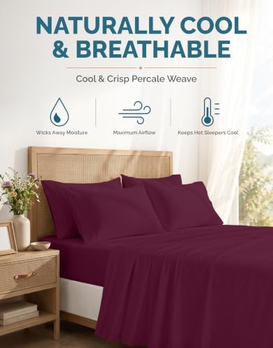Casa Platino Cal King Size Sheet Set – 6 Piece Cooling Sheets Cal King Size 100% Cotton Crisp Percale Sheets with Breathable & Cozy Feel, 15" Deep Pocket Fitted Sheet for Secure Fit – Windsor Wine