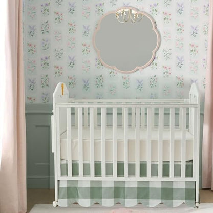 Brandream Scallop Edge Cotton Crib Skirt Toddler Bedskirt Baby Nursery Crib Bed Skirt Boho Bohemian Neutral Solid Color Sage Green Buffalo Plaid Gingham Farmhouse Chic Bedding Skirt