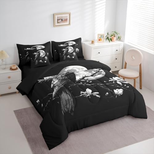 Erosebridal Vintage Raven 7 Piece Bedding Set Twin Gothic Moon Comforter Set with Sheets Dark Black Bird Bed in a Bag Mysterious Florals Horror Wild Animal Bed Sets Comforter