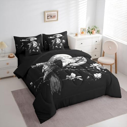 Erosebridal Vintage Raven 7 Piece Bedding Set Twin Gothic Moon Comforter Set with Sheets Dark Black Bird Bed in a Bag Mysterious Florals Horror Wild Animal Bed Sets Comforter