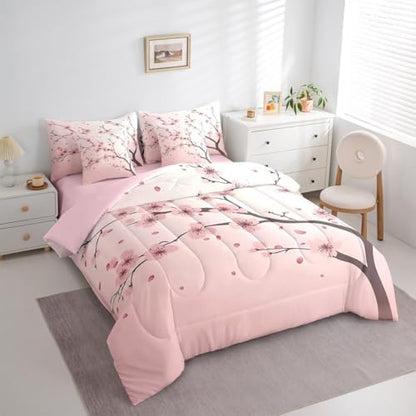 Erosebridal Cherry Blossoms Full Size Comforter Set, Girl Pink Floral 7-Piece Bed in A Bag, Japanese Spring Sheets and Pillowcases, Petal Branch Girly Romantic Bedding Set Room Decor