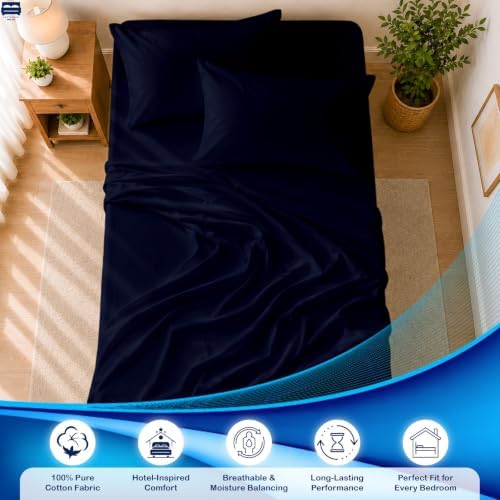 Cottingon 4 PC Cot Sheet Set 25"X75", Egyptian Cotton, Navy Blue
