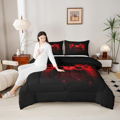 Boys Gamer Comforter Set King Size,Gamepad Bedding Set Kids Young Man Video Games Down Comforter for Teen Child Game Room Decor Black Red Classic Retro Gaming Quilted Duvet Set with Pillowcase