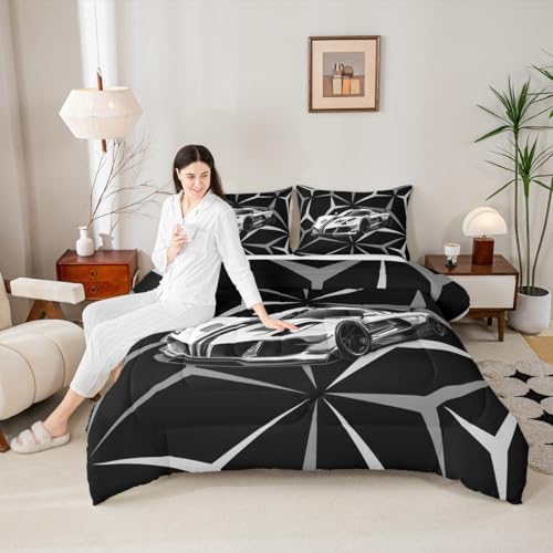 Castle Fairy Grey Race Car Comforter Set Full Size,Racing Cars Extreme Sports Duvet Sets for Kids Teens Adults Bedroom Decor,Speed Sport Car Abstract Art Microfiber Soft Bedding Comforter,3 Pcs