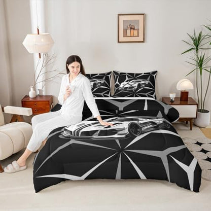 Castle Fairy Grey Race Car Comforter Set Full Size,Racing Cars Extreme Sports Duvet Sets for Kids Teens Adults Bedroom Decor,Speed Sport Car Abstract Art Microfiber Soft Bedding Comforter,3 Pcs