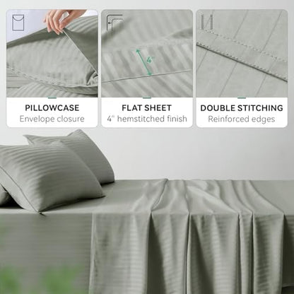 Cooling Sheets Set King Size, Viscose Derived from Bamboo for Hot Sleepers, Double Stitching, Deep Pocket to 16 Inch, Silky Soft and Breathable Bedding, 4PC (King, Jacquard Fog)