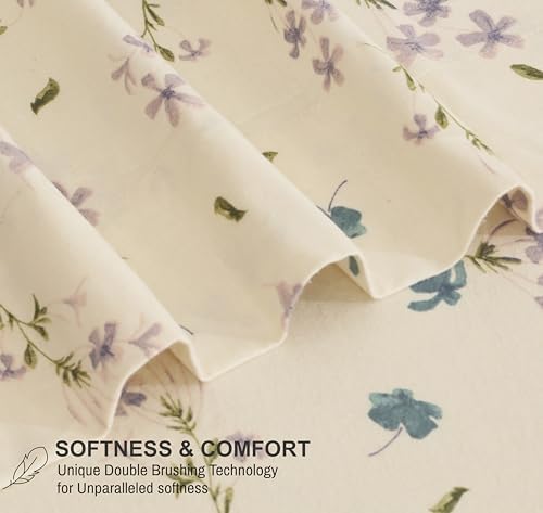 RUVANTI 100% Cotton Flannel Sheets Twin Size, 3 Pcs, Jasmine Stamp Cream