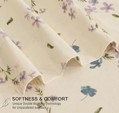 RUVANTI 100% Cotton Flannel Sheets Twin Size, 3 Pcs, Jasmine Stamp Cream