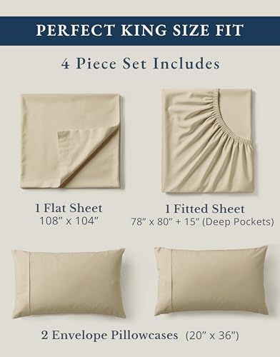 LANE LINEN 100% Organic Cotton Bed Sheets King Size, Fully Elasticized Reinforsed Seams in Fitted Pocket, Machine Washable Naturally Cooling All Season King Sheet Deep Pocket Bedding- Linen