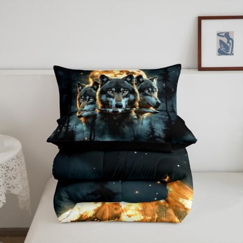 Wolf Kids Comforter Set Full Size,Pine Trees Moonlight Rustic Bedding Set,Girls Boys Room Decor,Wildlife Animals Adventure Lake House Quilt Comforter,Farmhouse Country Duvet Insert,2 Pillowcases