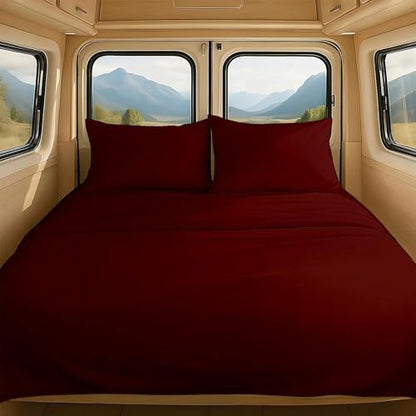 NON Sticky cotton RV Short Queen 4 Piece Sheet Set, 100% Long Staple Cotton, Soft Cooling Hotel Luxury Bedding Sheets, Deep Pocket Fits 15" Mattress, 60" x 75", Burgundy Solid
