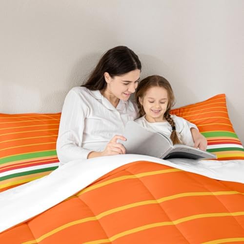 jejeloiu Orange Green Yellow Stripes Comforter Set King Size Geometric Bedding Set for Kids Boys Girls Modern Duvet Quilt Luxury Bedroom Decor Microfiber 3 Pcs with 2 Pillow Cases