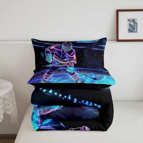 Castle Fairy Ice Hockey Bedding Set Hockey Player Comforter Set for Kids Boys Hockey Stadium Rink Comforter Blue Neon Hockey Quilt Set 1 Comforter Set with 1 Pillowcase Toddler Size