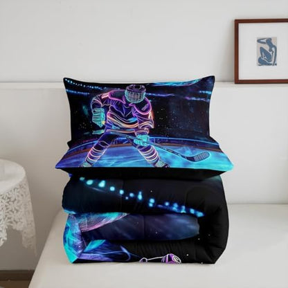 Castle Fairy Ice Hockey Full Size Comforter Set,Hockey Player Bedding Set for Adults Teens,Children Hockey Stadium Rink Comforter Luxury Blue Neon Hockey Quilt Set Room Decor 3Pcs