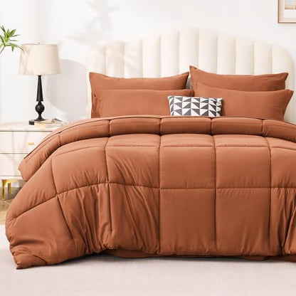 Love's cabin Queen Comforter Set Burnt Orange, 7 Pieces Queen Bed in a Bag, All Season Bedding Sets with 1 Comforter, 1 Flat Sheet, 1 Fitted Sheet, 2 Pillowcase and 2 Pillow Sham