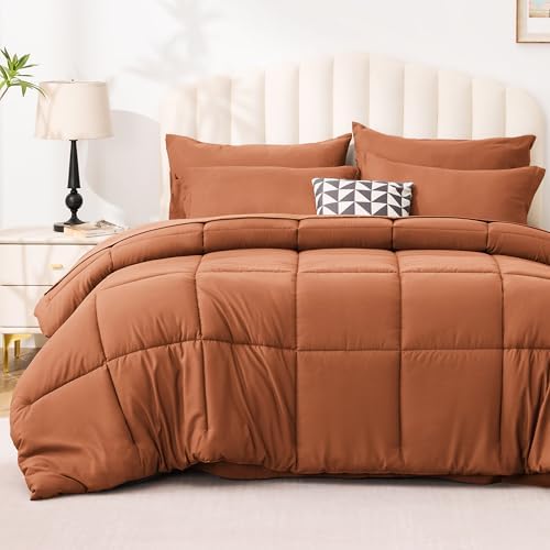 Love's cabin California King Comforter Set Burnt Orange, 7 Pieces California King Bed in a Bag, All Season Bedding Sets with 1 Comforter, 1 Flat Sheet, 1 Fitted Sheet, 2 Pillowcase and 2 Pillow Sham