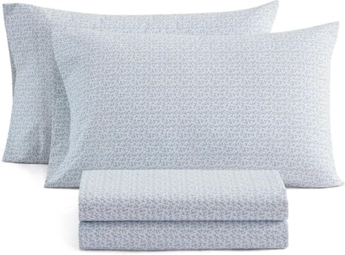 Martha Stewart - Twin Sheet Set with Fitted Sheet & Pillowcase, Cotton Percale Bedding with a Smooth Feel, Deep Pocket, Leaves Blue