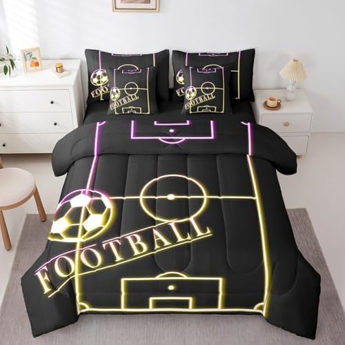 Football Queen Comforter Set 7Pcsfor Boys Sport Bedding Comforter Sets, Rainbow Neon Light Bed in a Bag Gradient Soccer Field Bedding Set, Ball Gaming Bed Sheets Set Yellow Pink (Black Reversible)