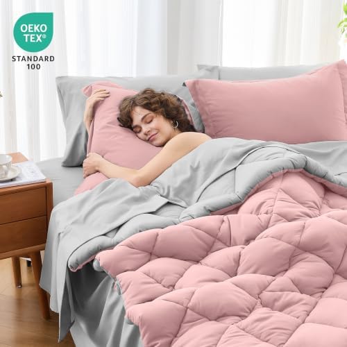 MUXHOMO 5 Pieces Twin Comforter Set, Reversible Bed in a Bag Twin Size, All Season Bedding Set with Comforter, Flat Sheet, Fitted Sheet, Pillowcases & Shams, Pink & Light Grey
