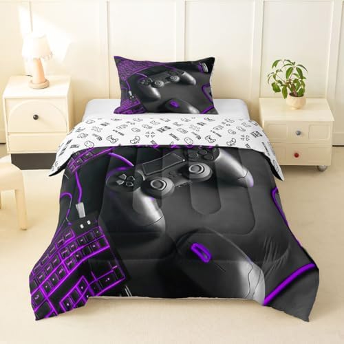 Feelyou Gamer Kids Comforter Set Twin Size Gaming Bedding Set Game Room Decor Duvet Quilt for Kids Boys Girls Bedroom Gamepad Decor Purple Microfiber Ultra Soft Breathable