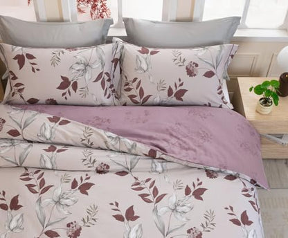 SLEEPBELLA Comforter Queen Size, 600 Thread Count Cotton Burgundy Botanical with Grey Floral Pattern Pink Reversible Comforter Set,Down Alternative Bedding Set 3Pcs(Queen, Burgundy Botanical)