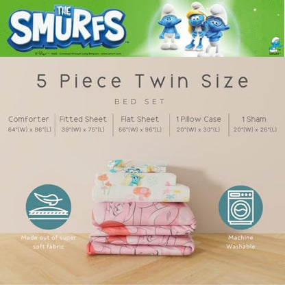 The Smurfs Smurfette Twin Bedding Set – 5 Piece Kids Super Soft Microfiber Reversible Comforter & Sheet Set - Pink, (Officially Licensed Product) by Franco