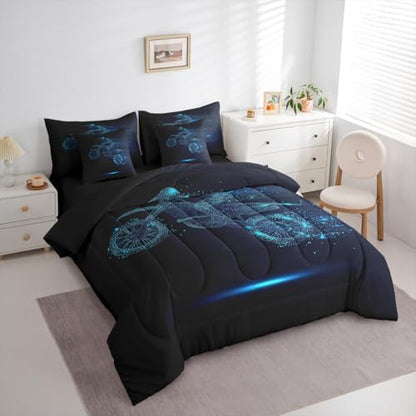 Erosebridal Boy Dirt Bike Comforter Set Motocross Rider Bed in A Bag Twin Size 7 Pieces Motorbike Sport Game Bed Set Room Decor Motorcycle Bedding with Sheets