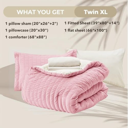 HYMOKEGE Pink/Ivory Twin XL Comforter Set Seersucker 5 Pieces, All Season Luxury Bed in a Bag for Bedroom, Bedding Set with Comforter, Sheets, Pillowcase & Sham