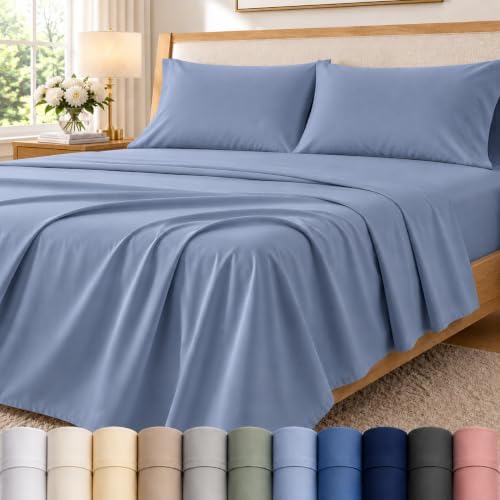 15" Deep Pocket King Sheet Set, 400 TC Sheets for King Size Bed-French Blue