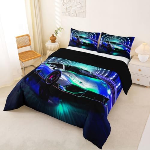 Feelyou Boys Sports Car Bedding Set Soft for Boys Girls, Speed Sports Comforter Set Queen Size Blue Racing Car Duvet Quilt Microfiber Extreme Bedroom Decor 3 Pcs with 2 Pillow Cases