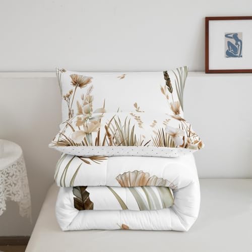 jejeloiu Brown Floral Leaves Comforter Set King Size Kids Boho Bedding Set for Boys Girls Teens Bohemian Duvet Breathable Spring Wildflower Quilt Bedroom Decor,1 Comforter with 2 Pillowcase