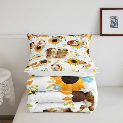 Guinea Pig Comforter Set Queen Size,Sunflower Floral Leaves Botanical Bedding Set 3Pcs for Kids Girls Boys Adult Room Decor,Cute Pet Animals Quilt Set White Soft Duvet Insert,2 Pillowcases