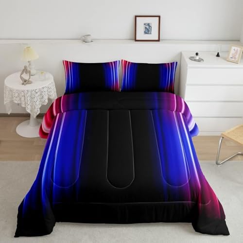 Feelyou Geometric Ombre Comforter Set Kids Teens Red Blue Black Bedding Set Decor Modern Stripes Comforter with 2 Pillowcases 3Pcs Bedding Queen