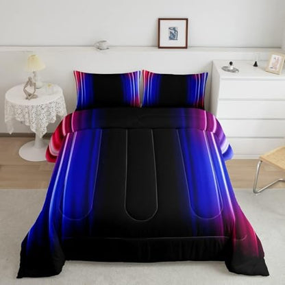 Feelyou Geometric Ombre Comforter Set Kids Teens Red Blue Black Bedding Set Decor Modern Stripes Comforter with 2 Pillowcases 3Pcs Bedding Queen