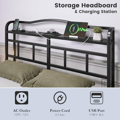 HAVONIZD Full Bed Frame - Storage Headboard with Charging Station