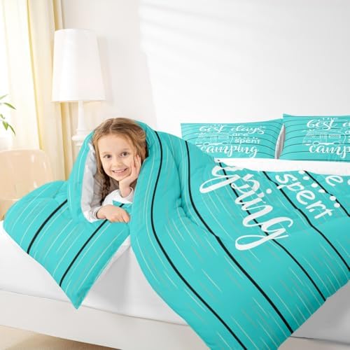 Happy Camping Campers Comforter Set Full,Wooden Geometric Stripes Bedding Set,Happy Outdoors Natural Quilt Set 3 Pcs for Kids Teens Adults Room Decor,Rustic Blue Duvet Insert with 2 Pillowcases